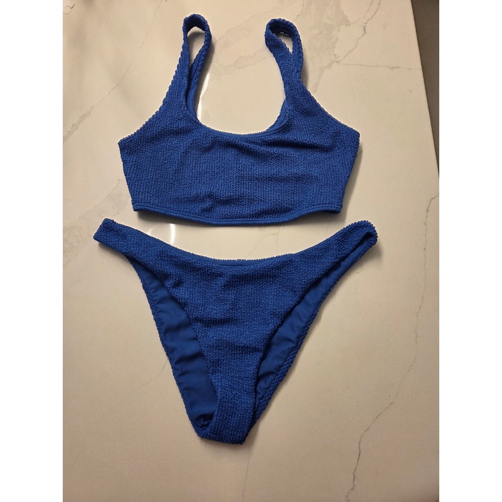 Billabong Crinkle Bikini Set Cobalt Blue Scoop Neck Two Piece Swimsuit - Picture 4 of 7